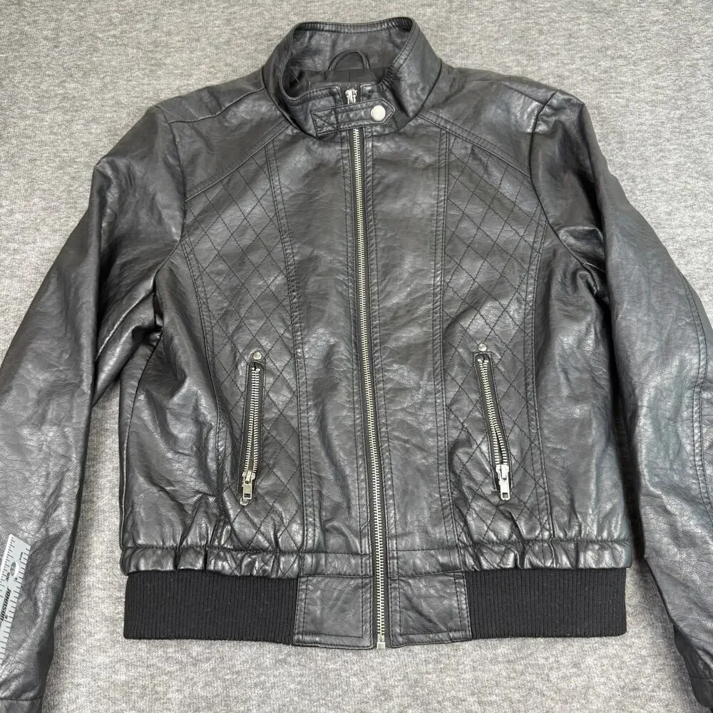 Lapis Women’s Faux Leather Moto Bomber Jacket Black Quilted size Large Edgy